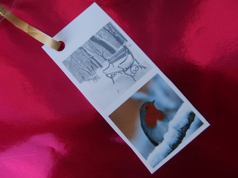 Picture of a home made gift tag with a bench