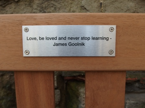 Bench inscription in Christchurch Greyfriars rose garden